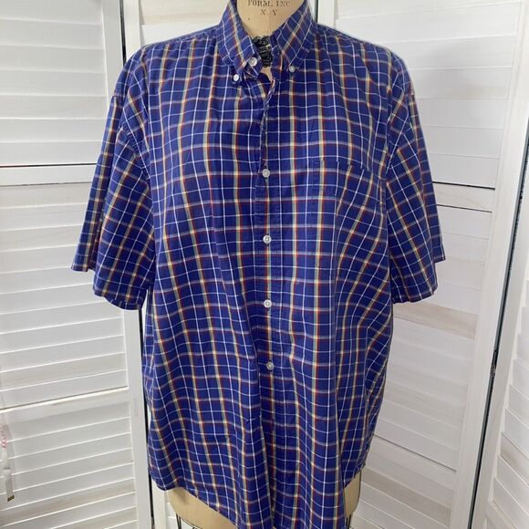 Vintage 90s Eddie Bauer Shirt Men’s Large Blue Plaid Short Sleeve Button Up - Picture 1 of 8